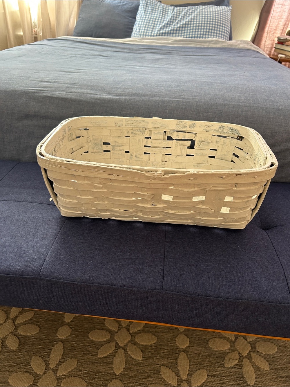 Vintage wovwn wood  Storage Basket in White